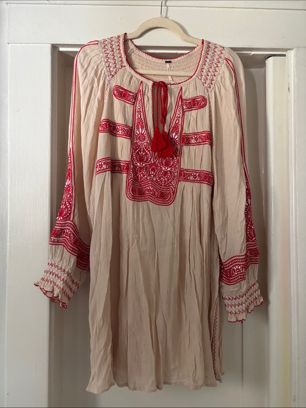 Embroidered Long Sleeve Dress in Cream with Red Accents